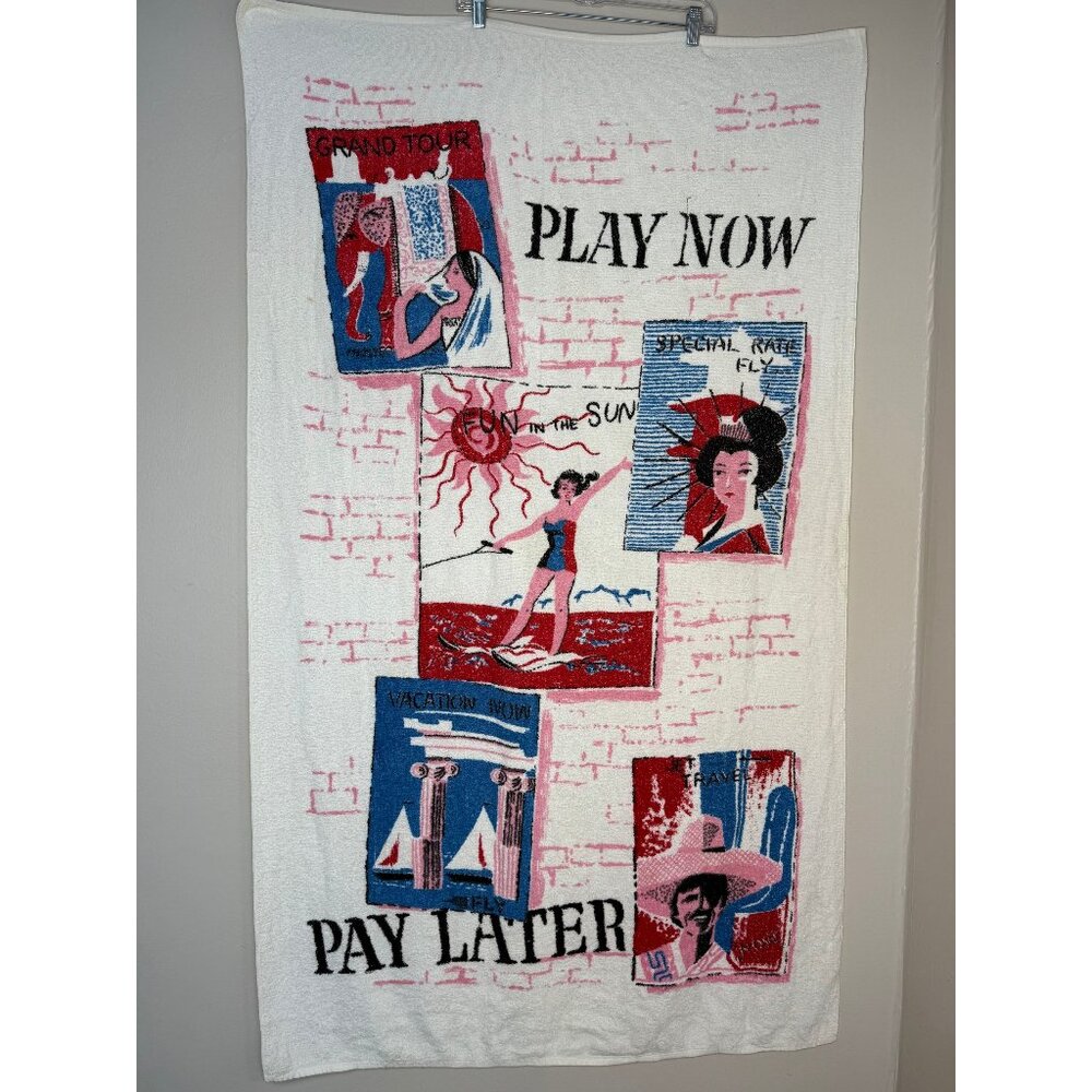 Vintage 1960s Kitsch Novelty Beach Towel, Pool, Play Now Pay Later